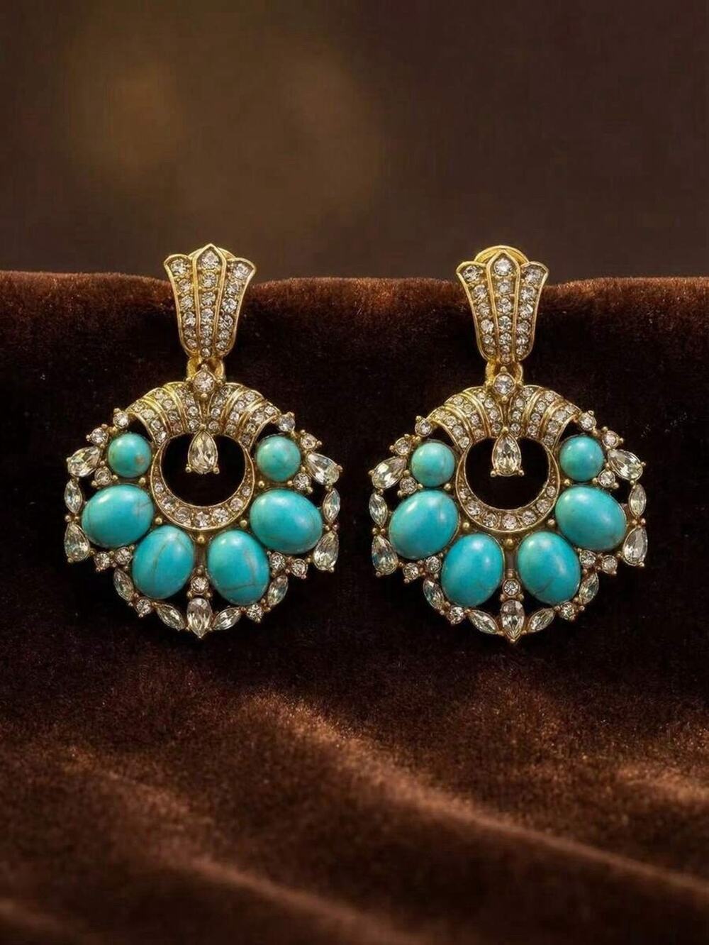 Antique TurquoiseEarrings Flower Museum Court Gold CZ VTG Fan Medieval Art Deco